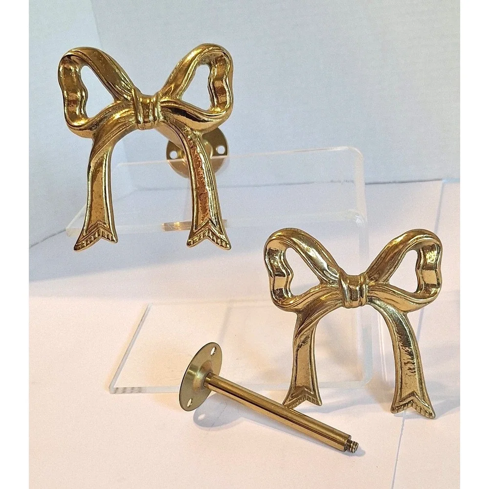 Vintage Brass Bow Curtain Tiebacks Set Gold Ribbon Wall Hooks Regency Decor 2pc